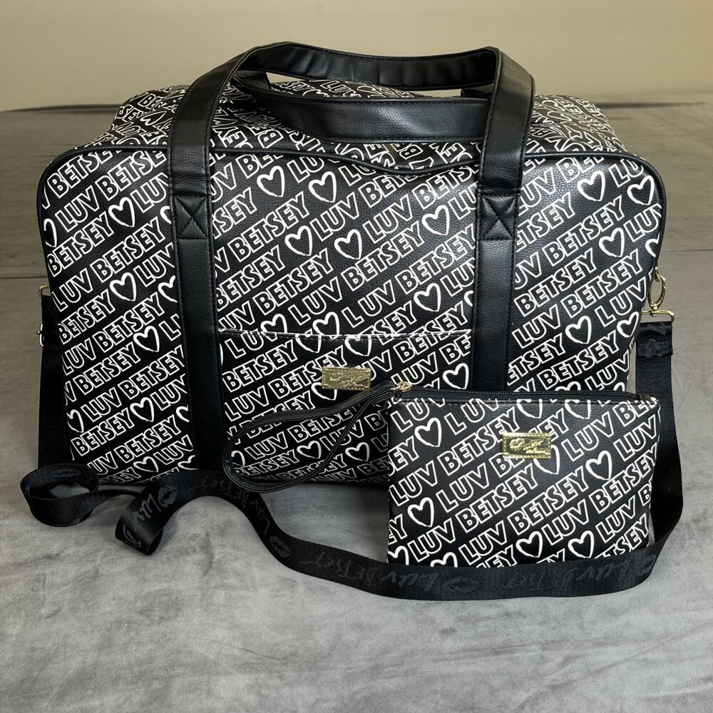 Luv Betsey Johnson Weekender White & Black Print Duffel Travel Bag & Crossbody